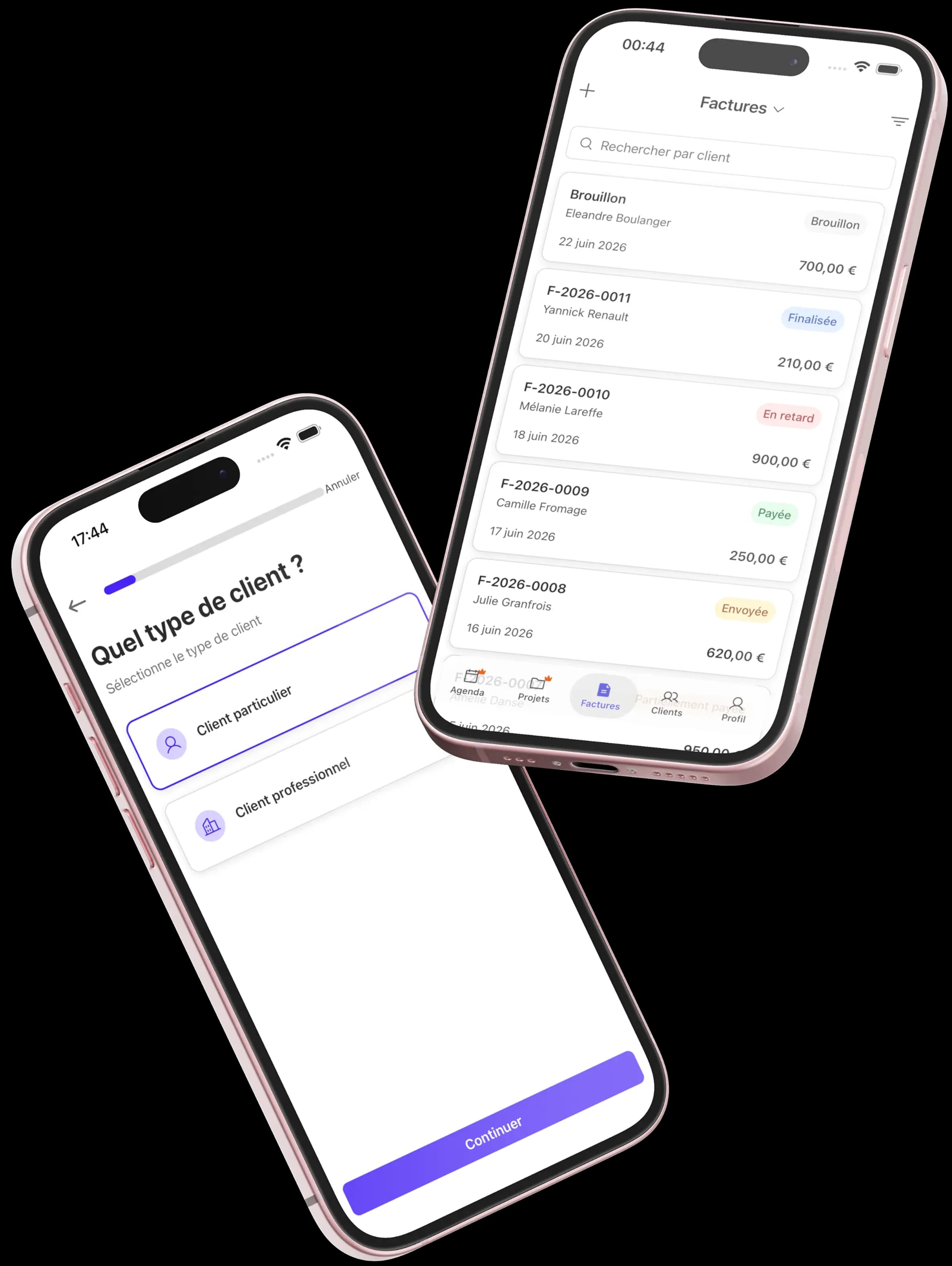 Application Inkvoice : liste des factures et première étape de création d'une fiche client
